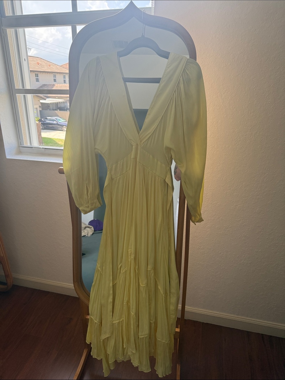 Free People Pale Yellow V-Neck Midi Dress with Puff Sleeves